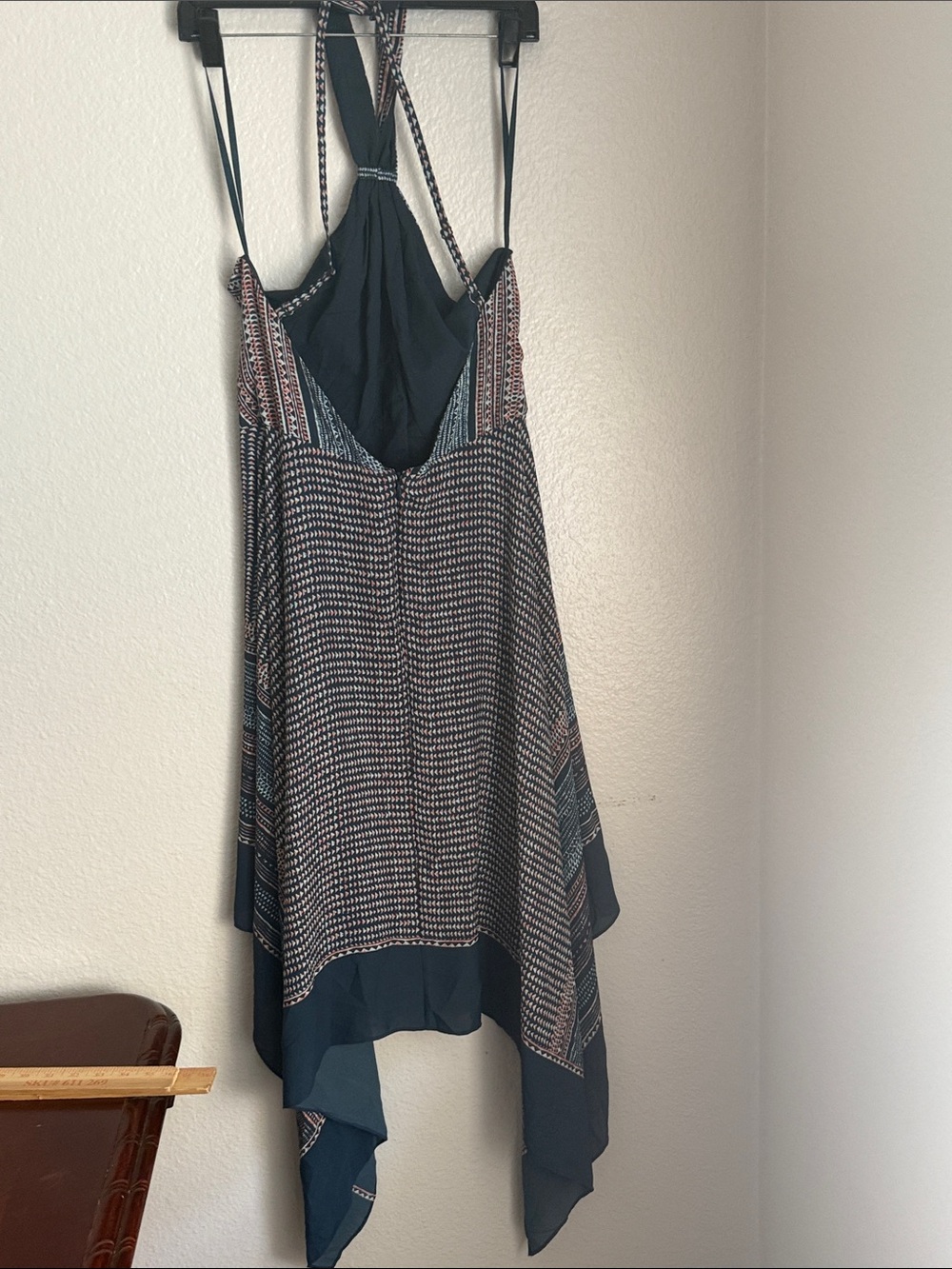 BCBGMaxAzria Danela Teal and Navy Printed Halter High-Low Dress Sz 8 - Picture 7 of 8